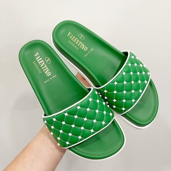 Valentino Free Rockstud Spike Slides Green Leather - Picture 3 of 9